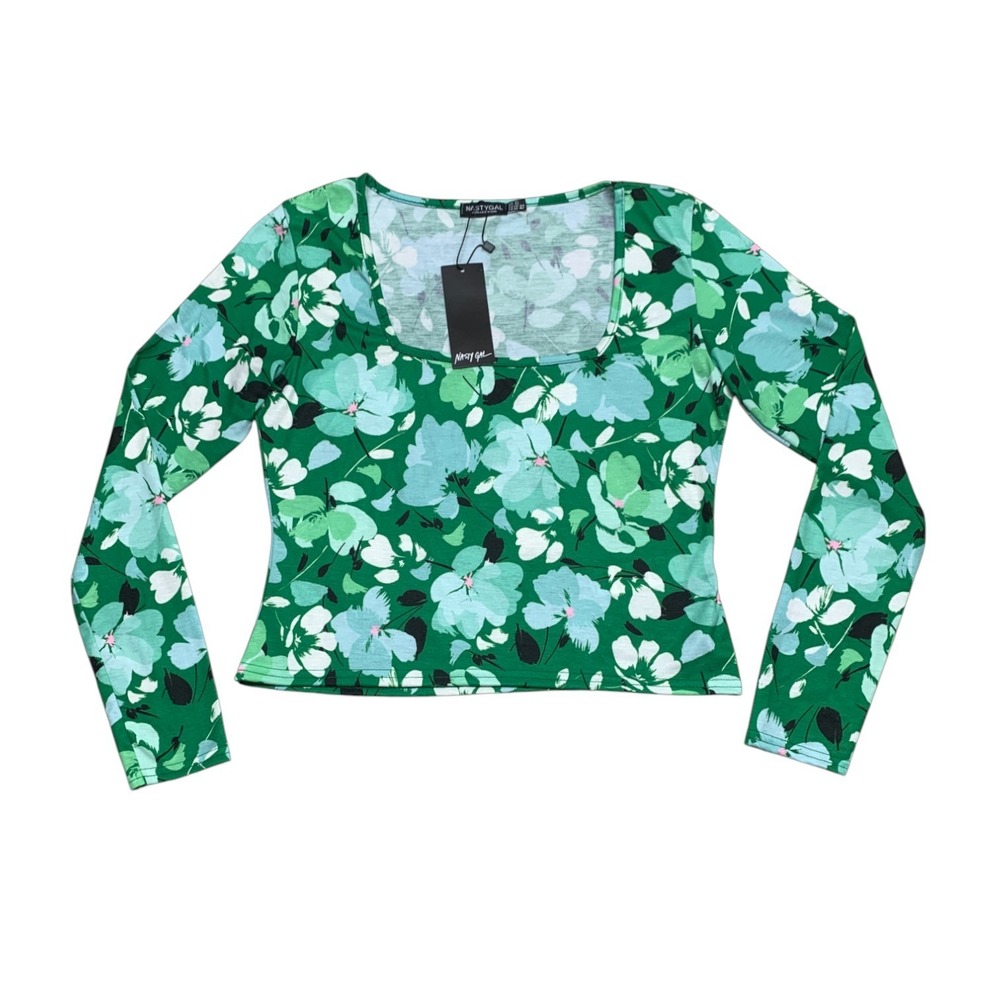 Nasty Gal Crop Top Womens 12‎ Green Floral Long Sleeve Square Neck Festival NWT